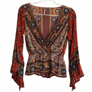Free People Bohemian Bell Sleeve Hippie Floral V-Neck Blouse